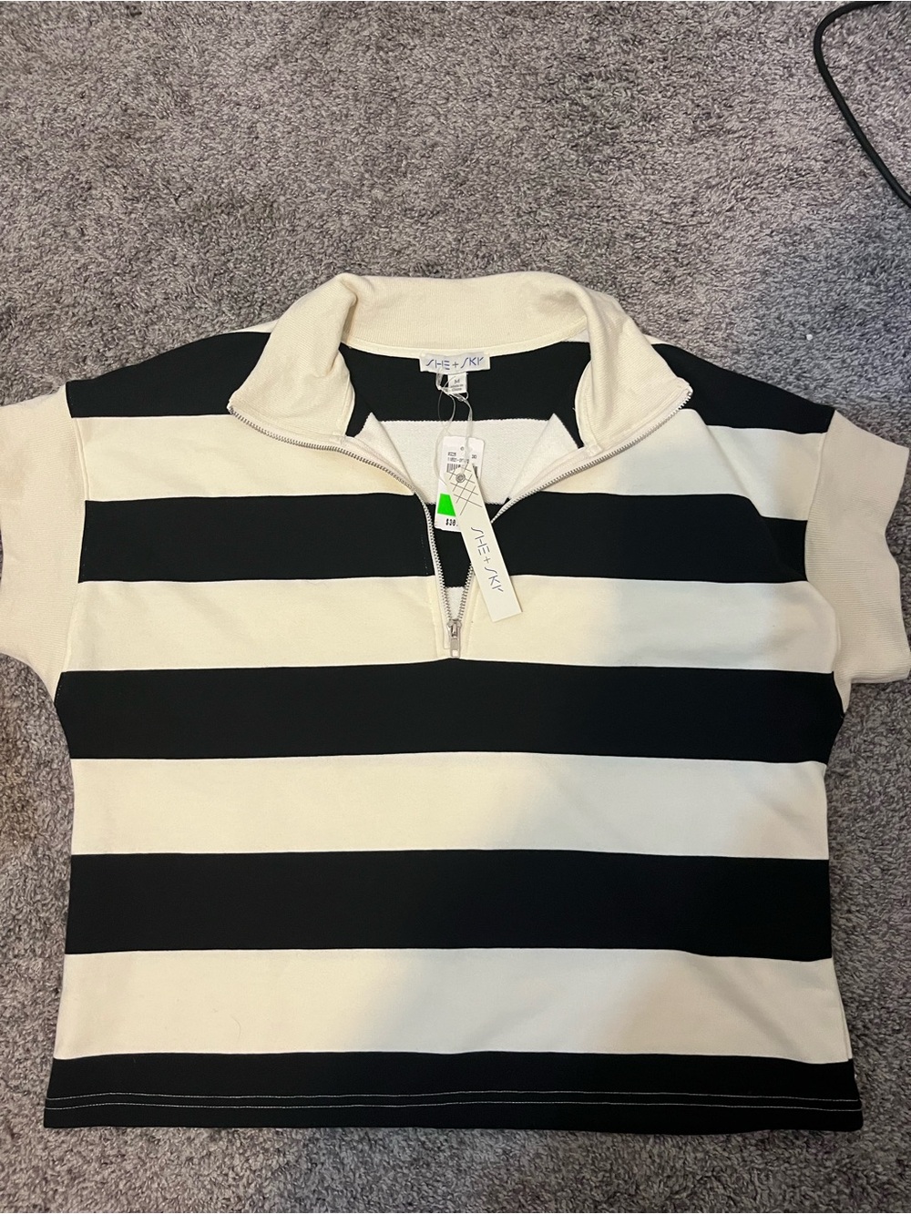 Womens Black & Cream Striped Half-Zip Top